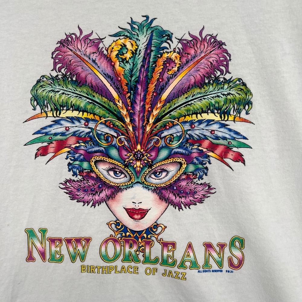 Vintage Jerzees New Orleans Birthplace of Jazz Mardi‎ Gras Mask T-Shirt M Y2K
